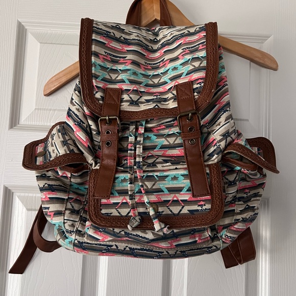 Vintage Mudd Aztec Print Canvas Backpack with Faux Leather Trim - Picture 1 of 2